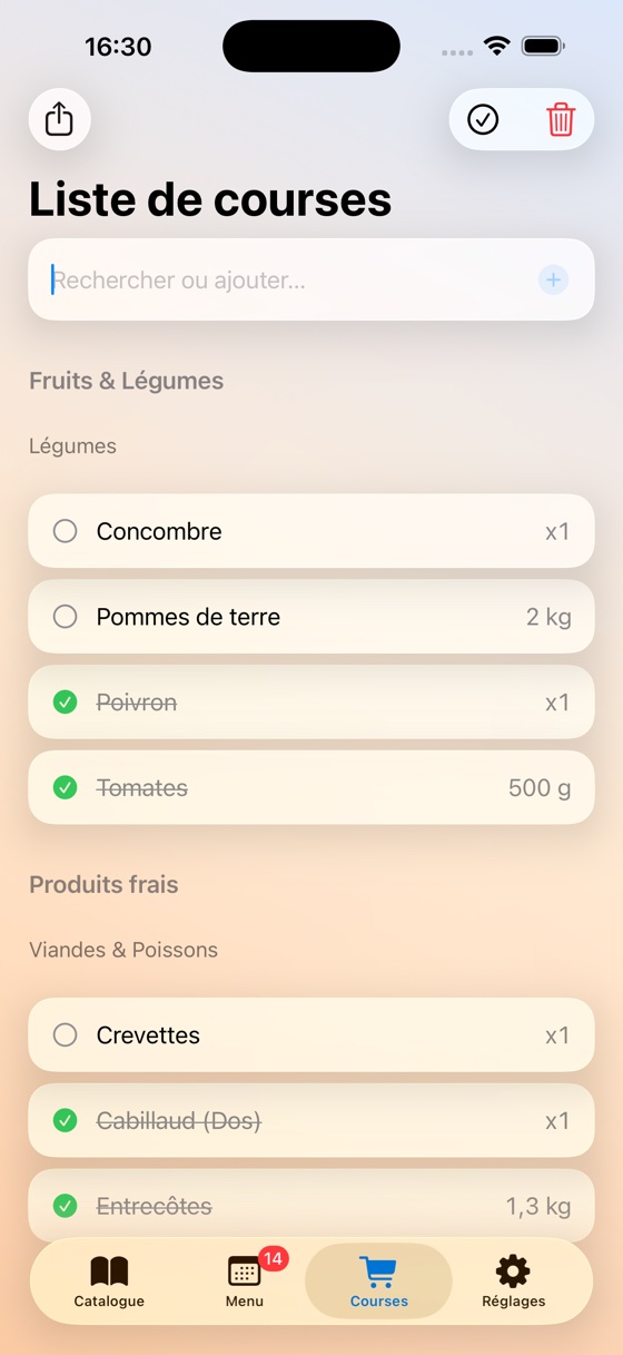 Liste de courses prête dans Meal