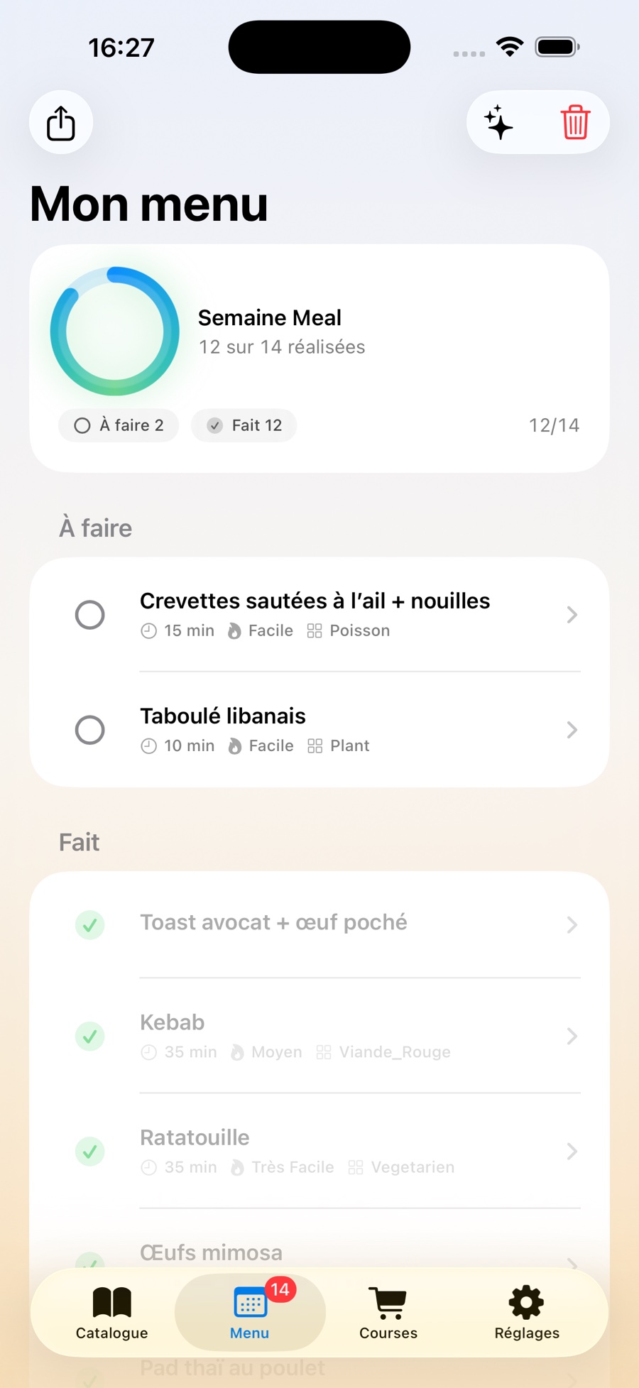 Écran menu Meal avec les repas de la semaine